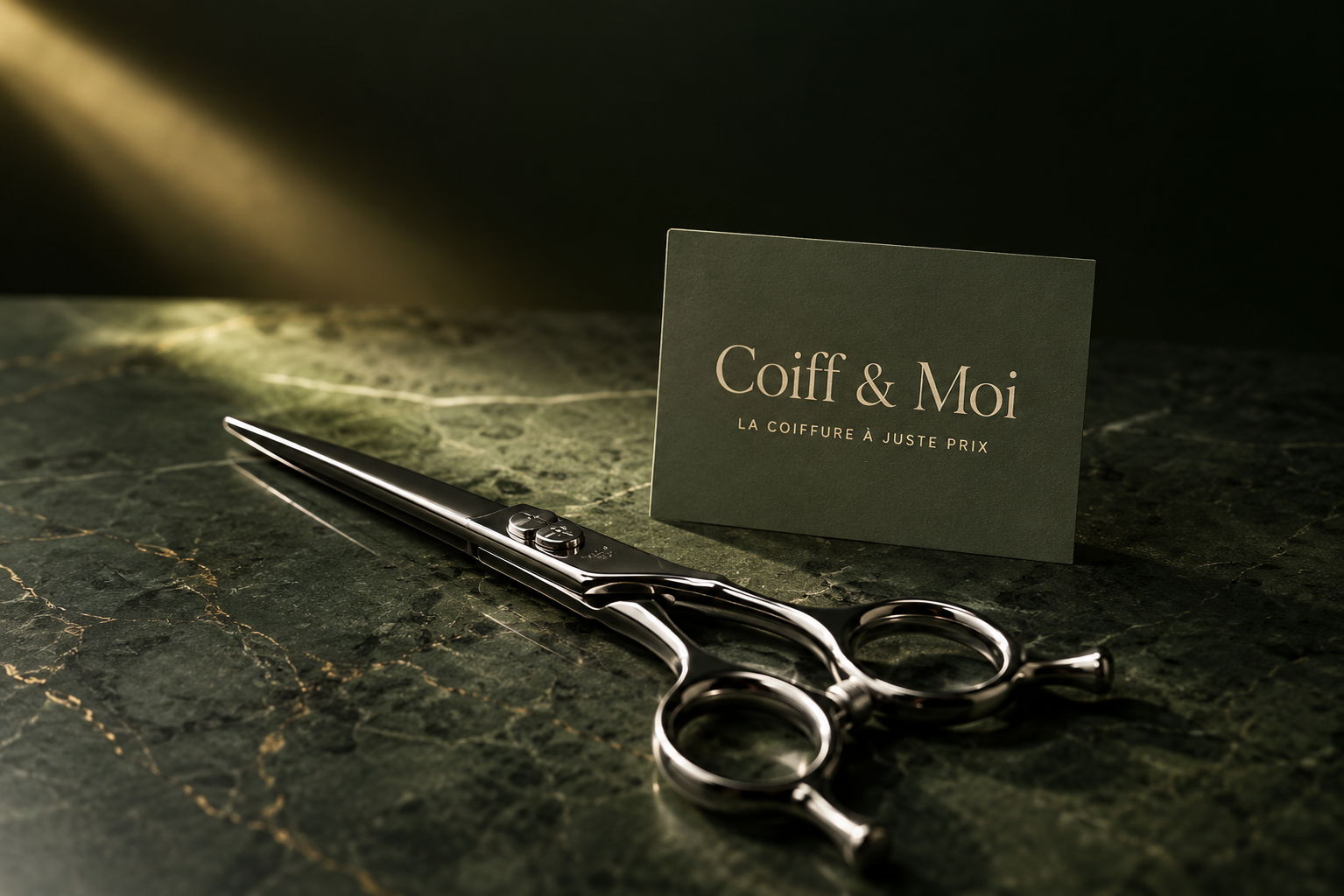 Ciseaux dorés et carte Coiff&Moi sur marbre vert