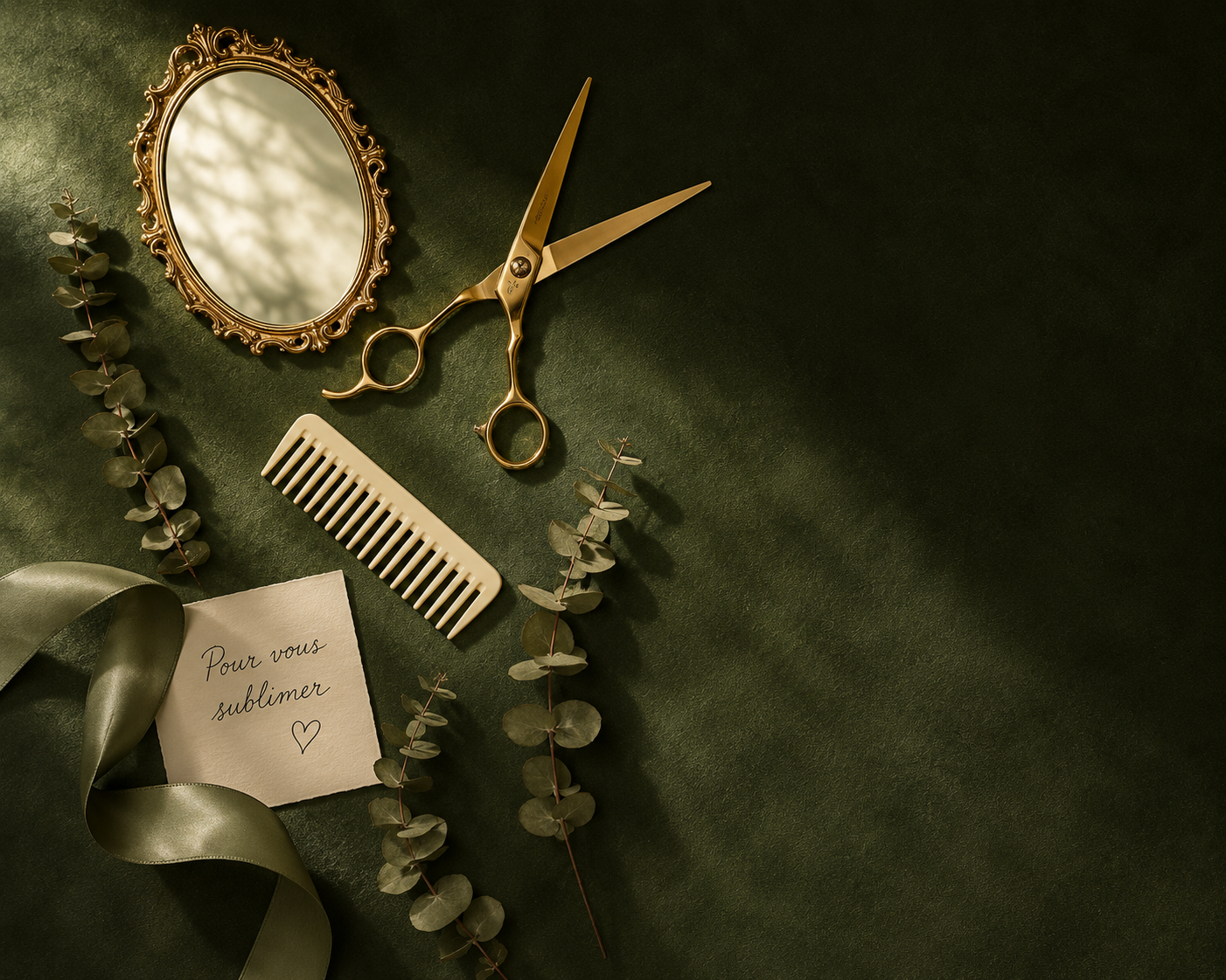 Miroir doré, ciseaux et eucalyptus